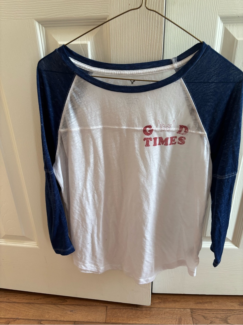 American Eagle Outfitters White and Navy Raglan Long Sleeve Tee - 'Good Times'